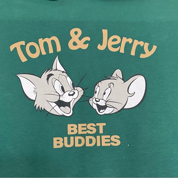 Graphic Print Tom & Jerry Pullover Hoodie Sweatshirt Pouch Pocket Green L - Picture 3 of 12